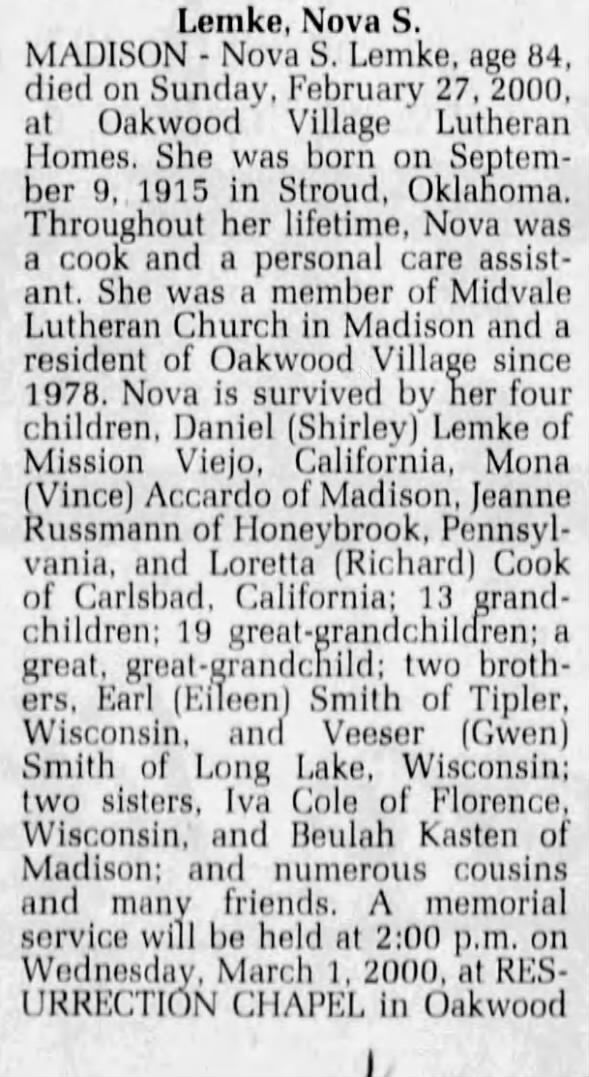 Obituary for Nova S. Lemke, 1915-2000 (Aged 84)